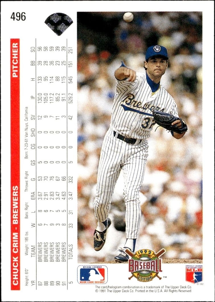 1992 Upper Deck Chuck Crim #496 baseball trading card back