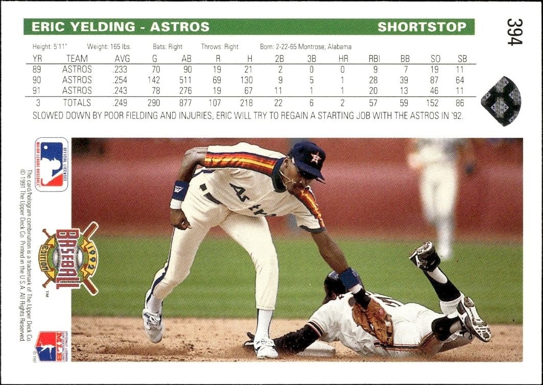 1992 Upper Deck Eric Yelding #394 baseball trading card back