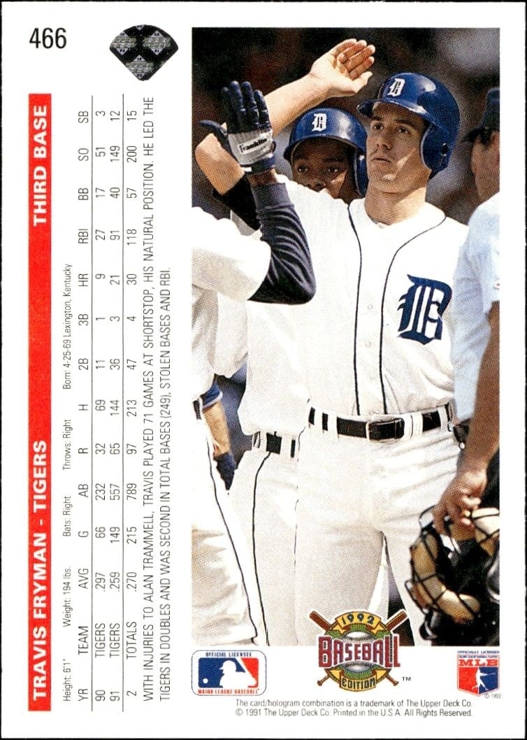 1992 Upper Deck Travis Fryman #466 baseball trading card back
