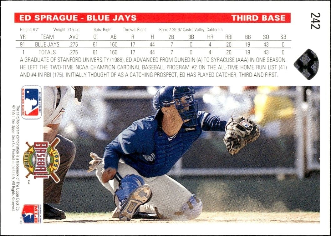 1992 Upper Deck Ed Sprague #242 baseball trading card back
