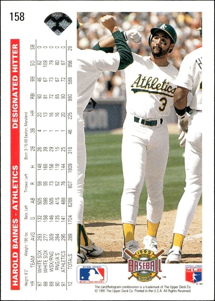 1992 Upper Deck Harold Baines #158 baseball trading card back