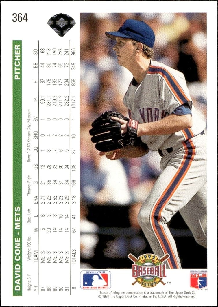 1992 Upper Deck David Cone #364 baseball trading card back