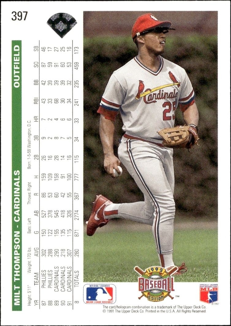 1992 Upper Deck Milt Thompson #397 baseball trading card back