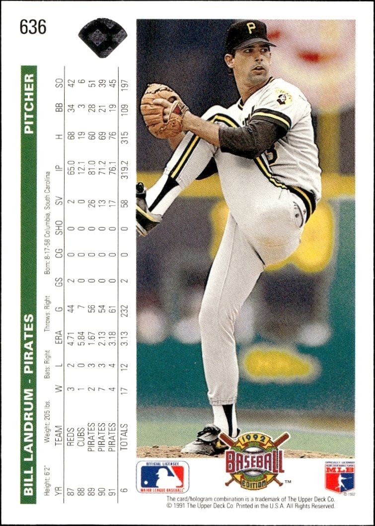 1992 Upper Deck Bill Landrum #636 baseball trading card back