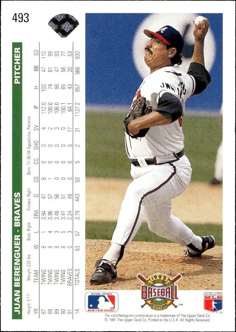 1992 Upper Deck Juan Berenguer #493 baseball trading card back