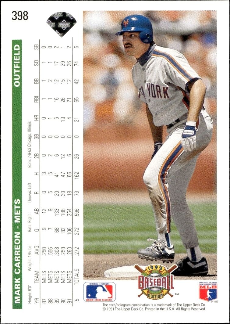 1992 Upper Deck Mark Carreon #398 baseball trading card back