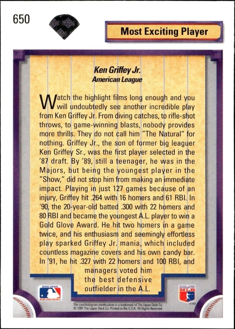 1992 Upper Deck Ken Griffey Jr. #650 baseball trading card back