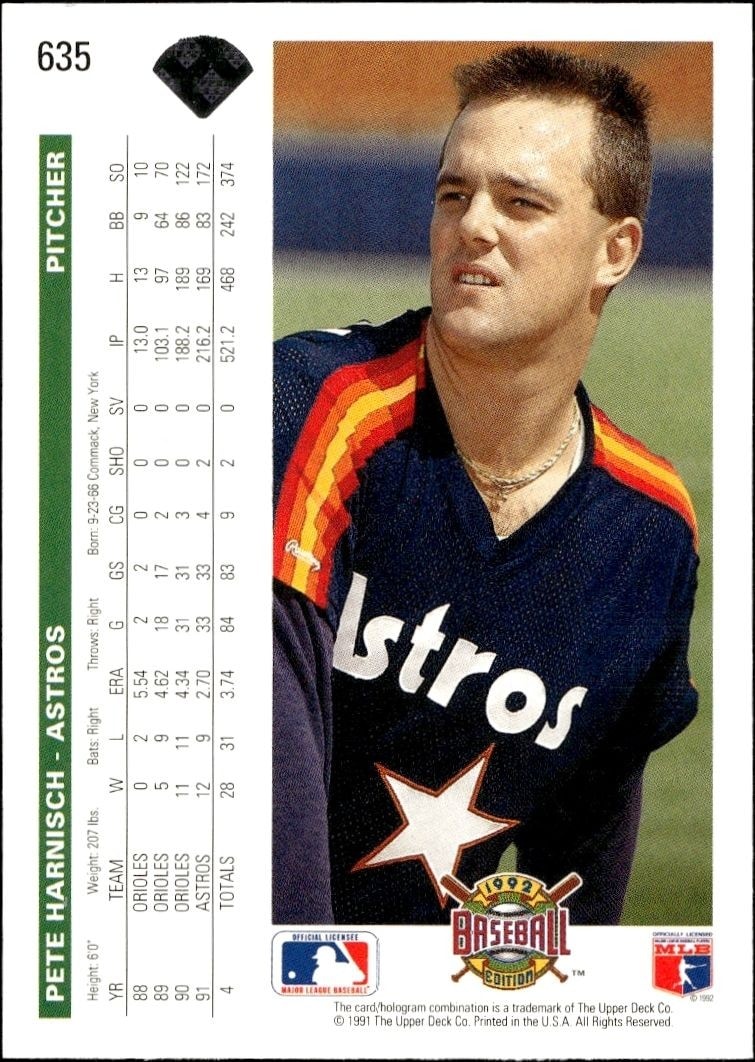 1992 Upper Deck Pete Harnisch #635 baseball trading card back