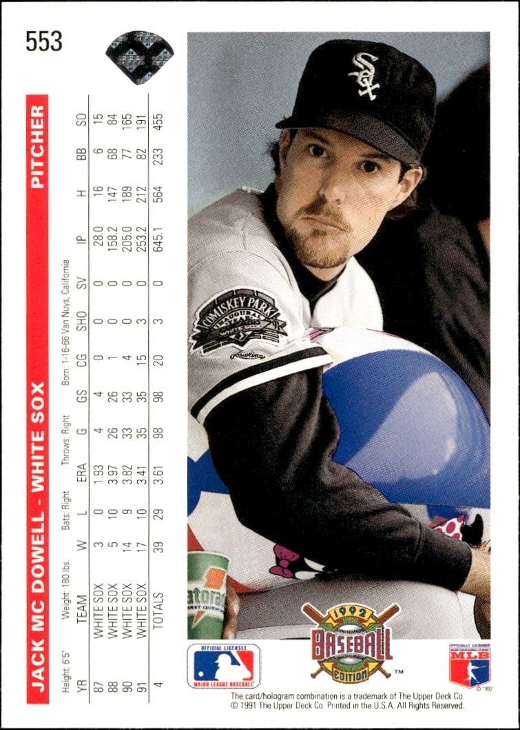 1992 Upper Deck Jack McDowell #553 baseball trading card back