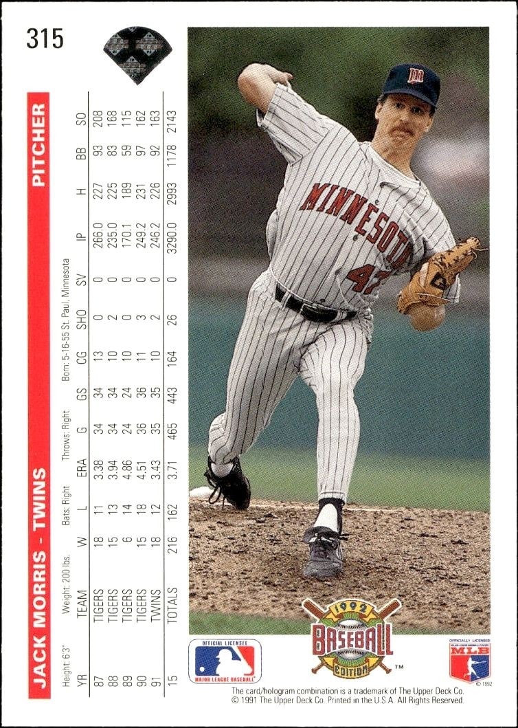 1992 Upper Deck Jack Morris #315 baseball trading card back