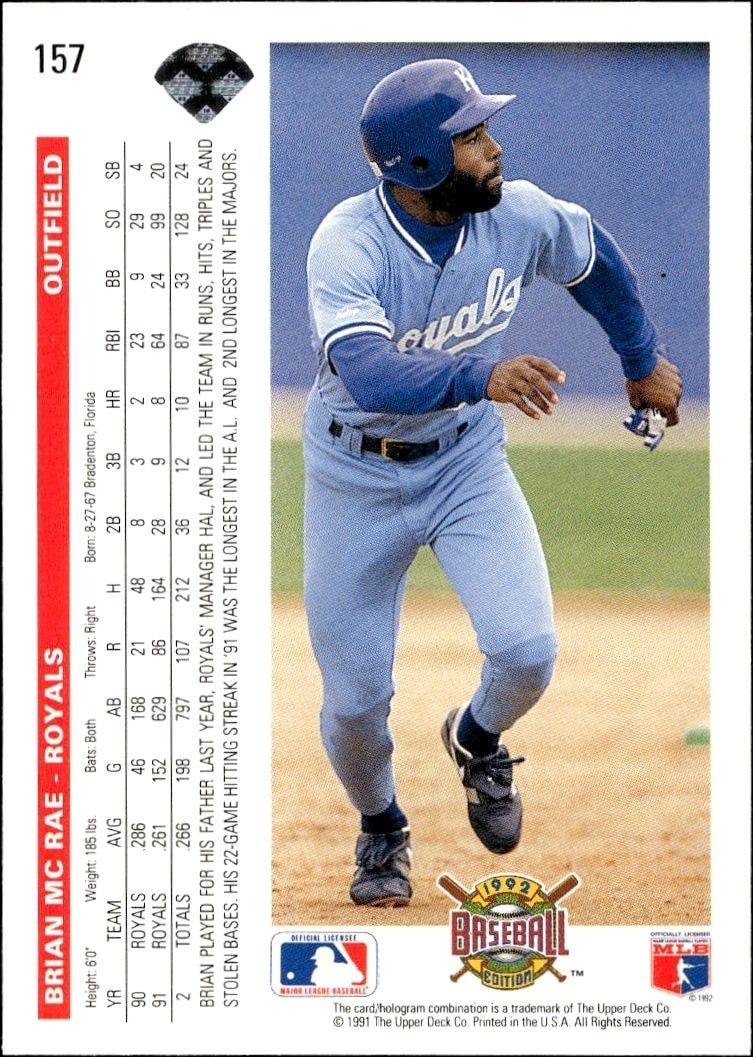 1992 Upper Deck Brian McRae #157 baseball trading card back