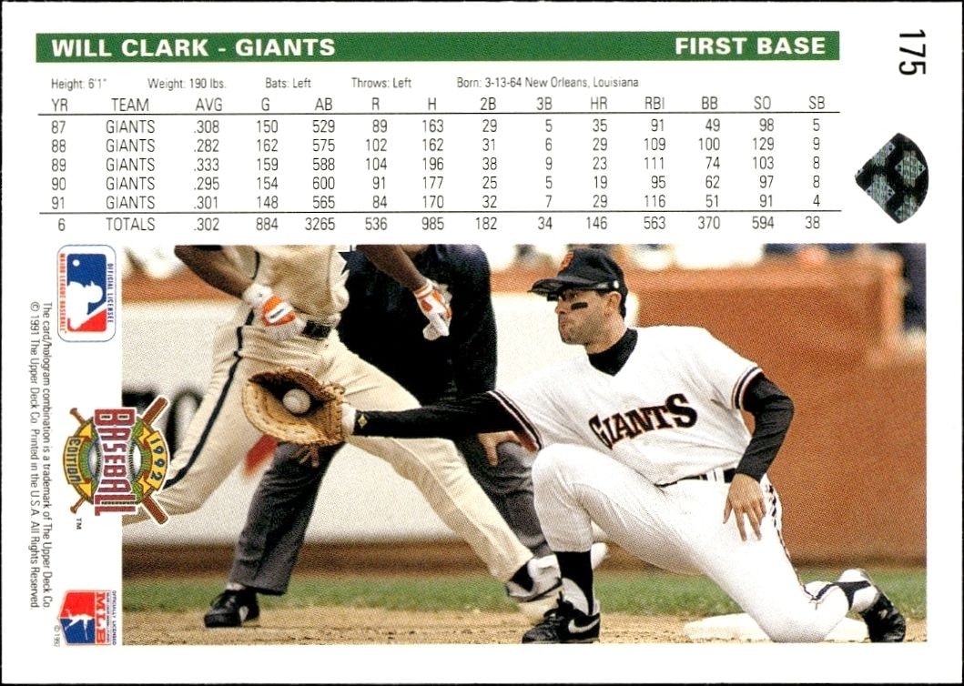 1992 Upper Deck Will Clark #175 baseball trading card back