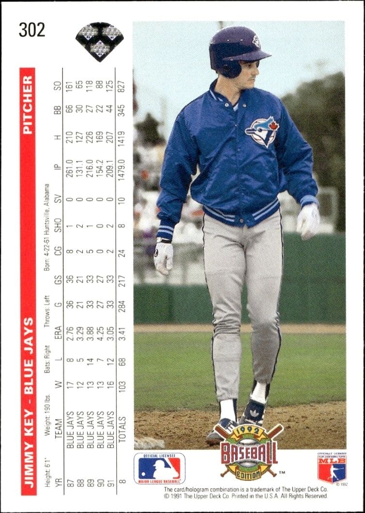 1992 Upper Deck Jimmy Key #302 baseball trading card back