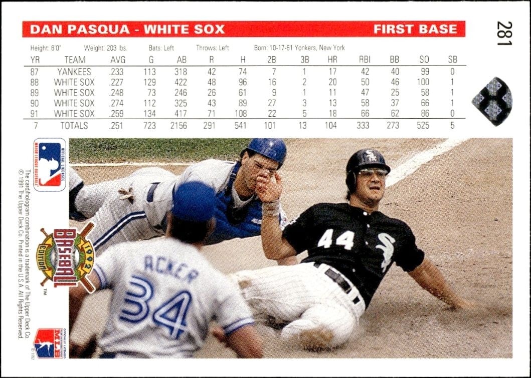 1992 Upper Deck Dan Pasqua #281 baseball trading card back