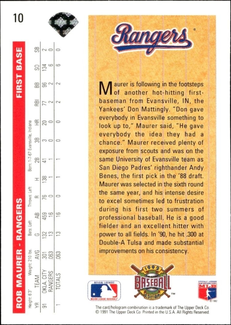 1992 Upper Deck Rob Maurer #10 baseball trading card back