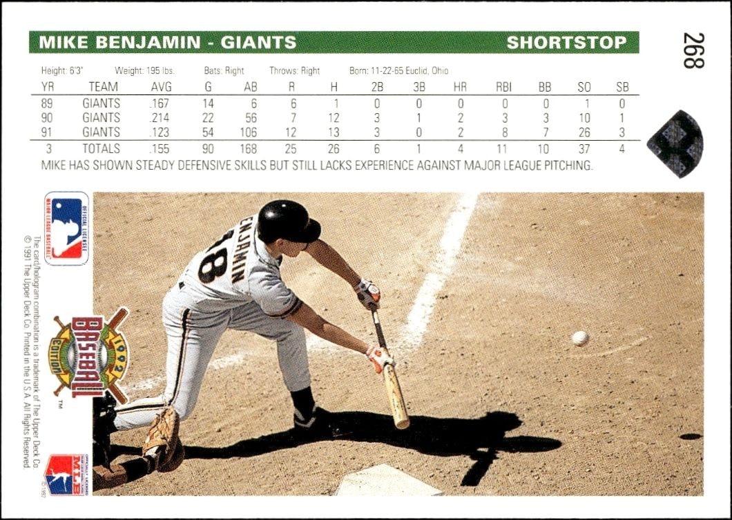 1992 Upper Deck Mike Benjamin #268 baseball trading card back