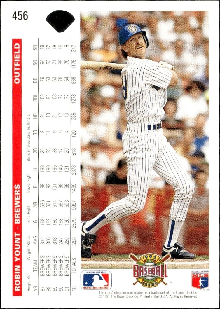 1992 Upper Deck Robin Yount #456 baseball trading card back