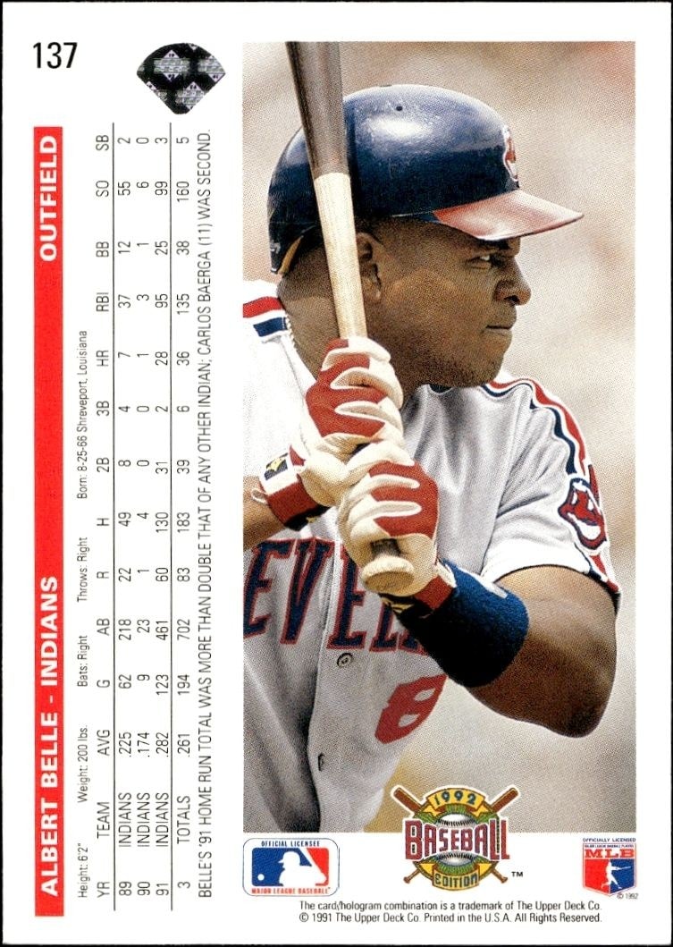 1992 Upper Deck Albert Belle #137 baseball trading card back