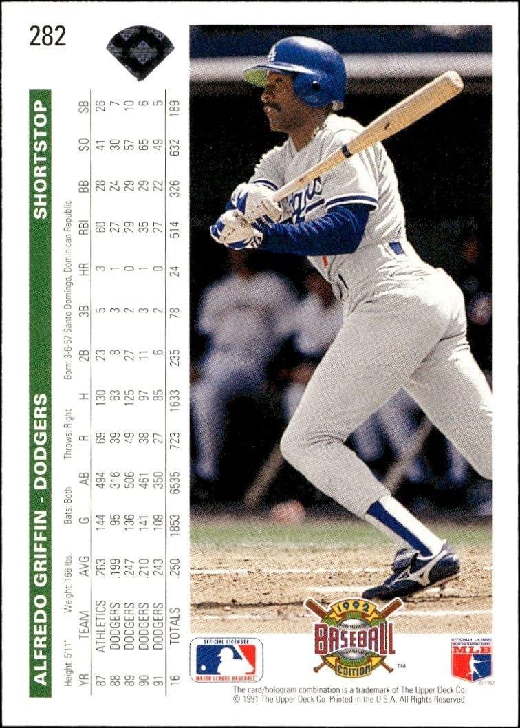 1992 Upper Deck Alfredo Griffin #282 baseball trading card back