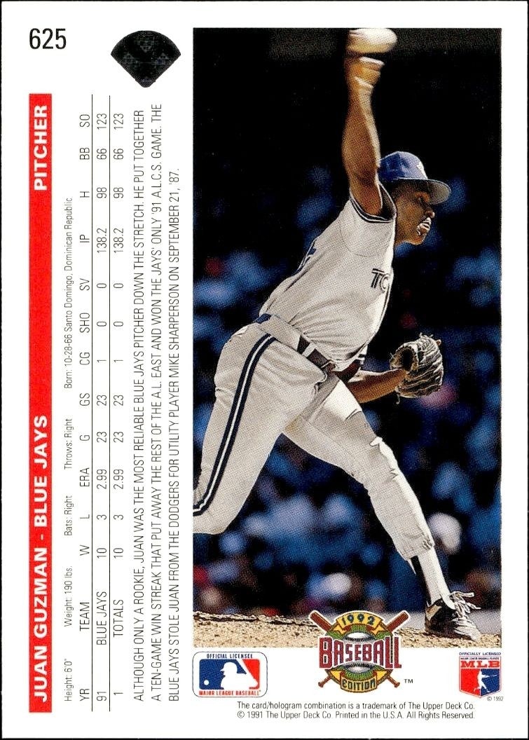 1992 Upper Deck Juan Guzman #625 baseball trading card back