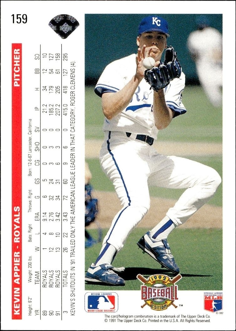 1992 Upper Deck Kevin Appier #159 baseball trading card back