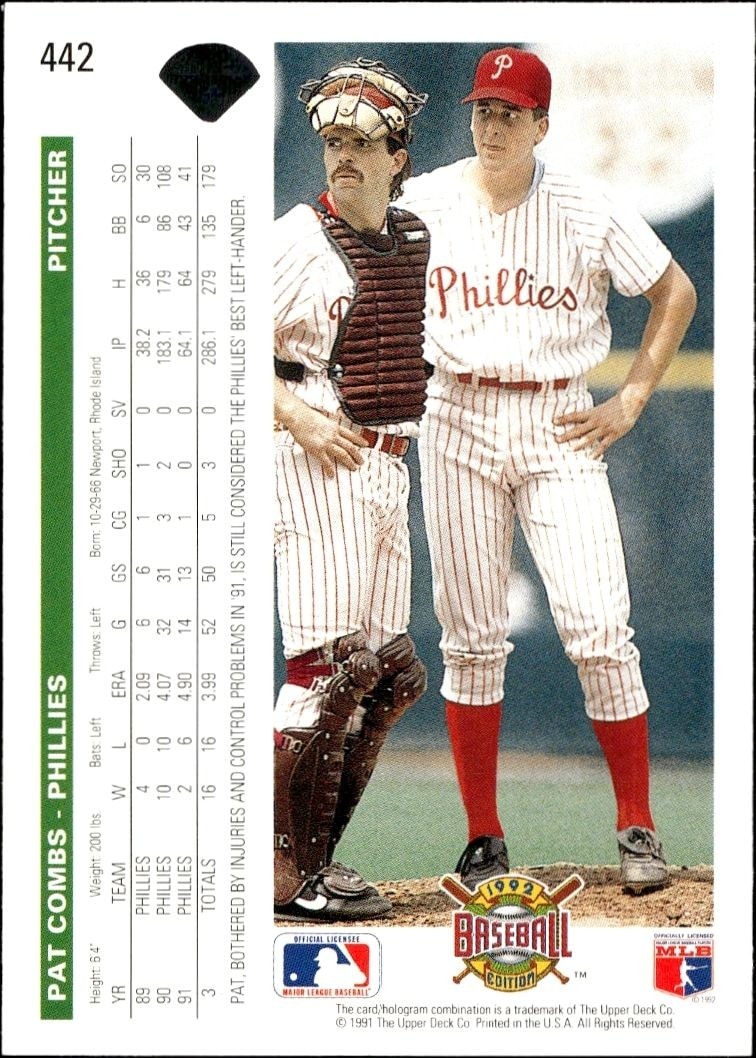 1992 Upper Deck Pat Combs #442 baseball trading card back