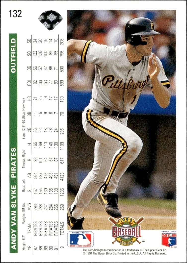 1992 Upper Deck Andy Van Slyke #132 baseball trading card back