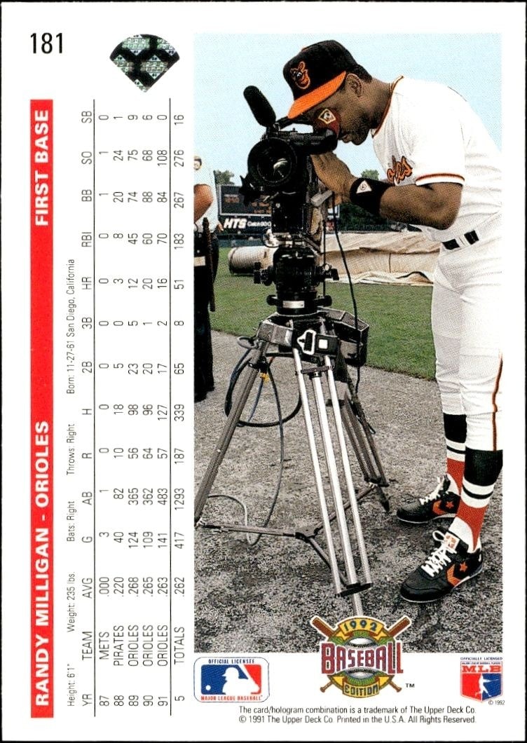 1992 Upper Deck Randy Milligan #181 baseball trading card back