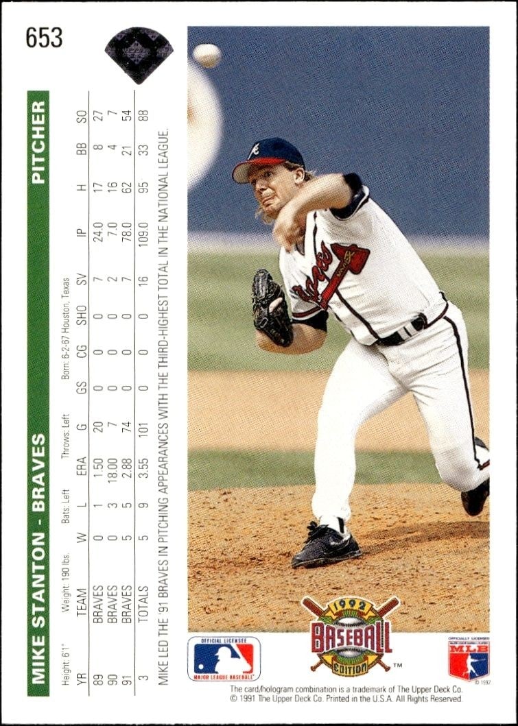1992 Upper Deck Mike Stanton #653 baseball trading card back