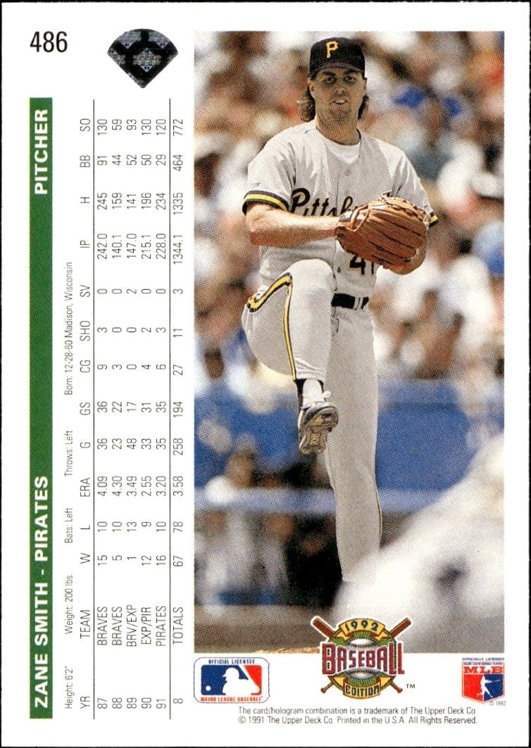 1992 Upper Deck Zane Smith #486 baseball trading card back
