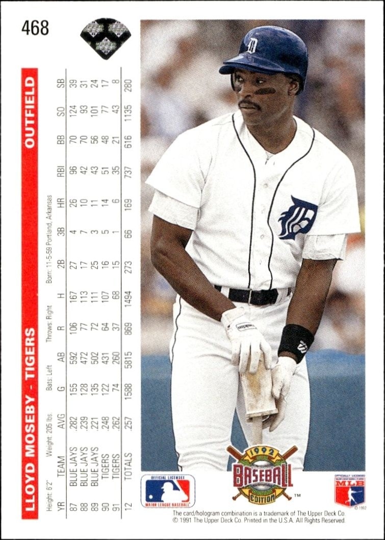 1992 Upper Deck Lloyd Moseby #468 baseball trading card back
