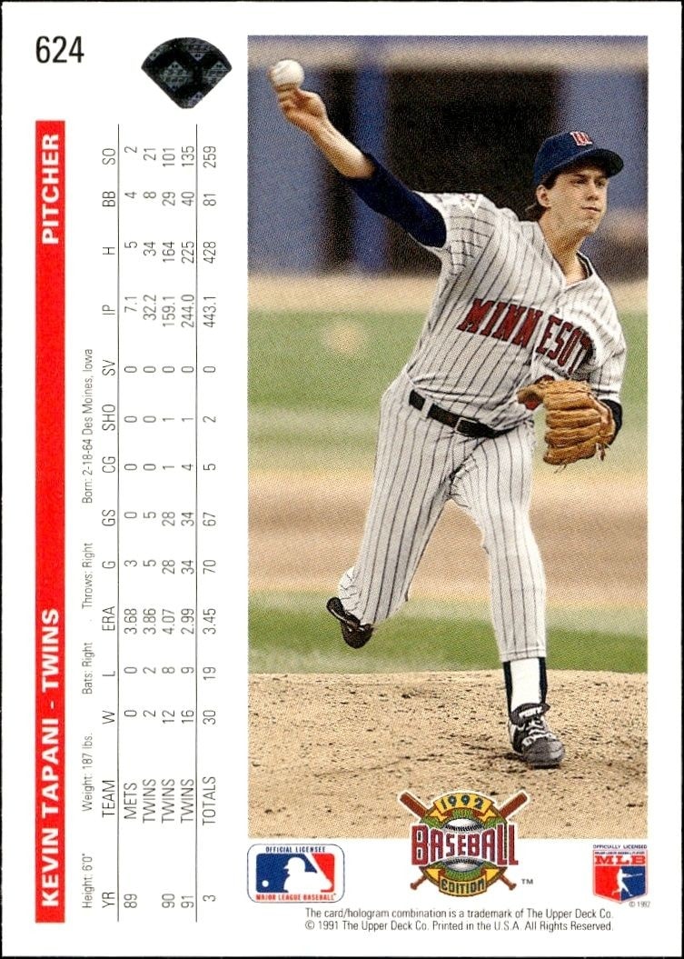 1992 Upper Deck Kevin Tapani #624 baseball trading card back