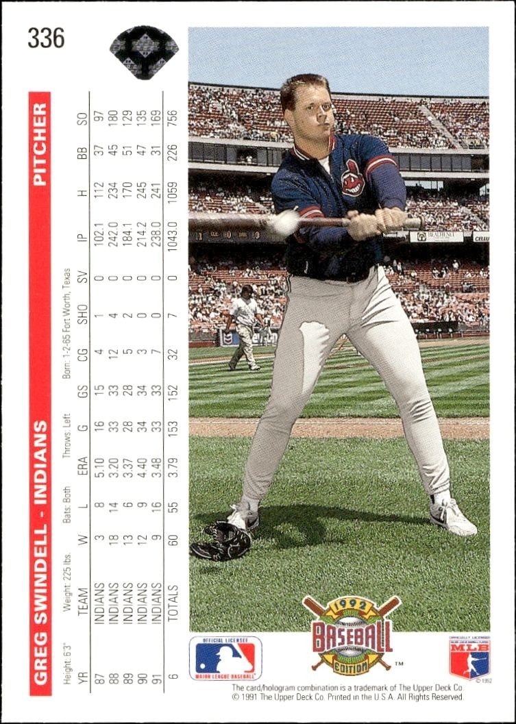 1992 Upper Deck Greg Swindell #336 baseball trading card back
