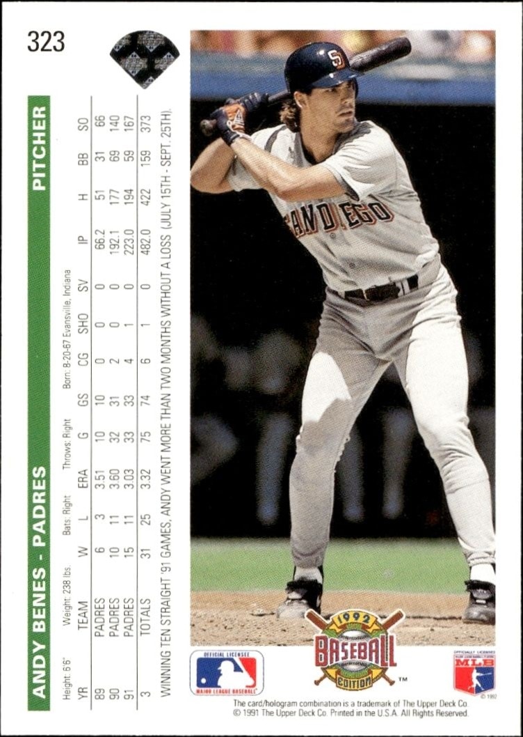 1992 Upper Deck Andy Benes #323 baseball trading card back