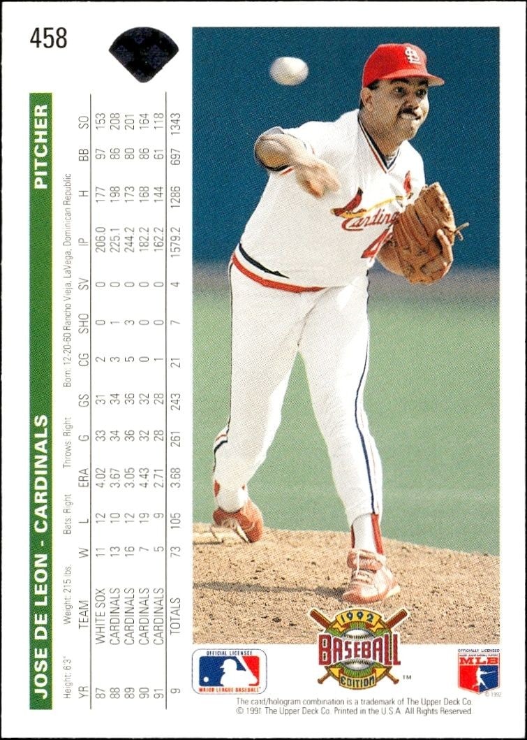1992 Upper Deck Jose DeLeon #458 baseball trading card back