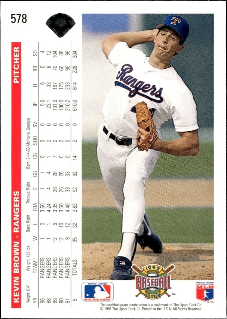 1992 Upper Deck Kevin Brown #578 baseball trading card back