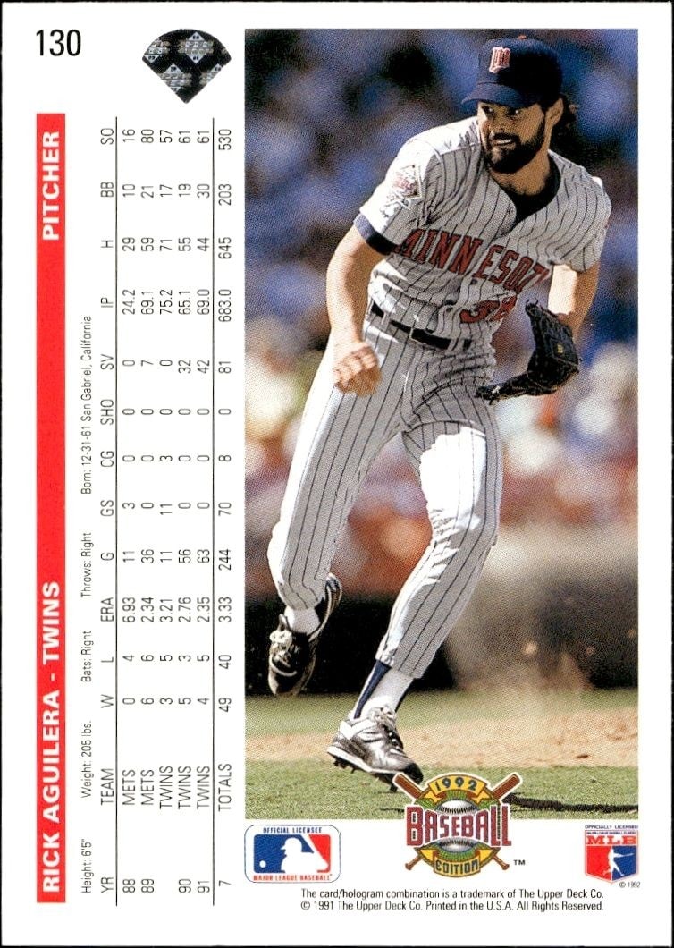1992 Upper Deck Rick Aguilera #130 baseball trading card back