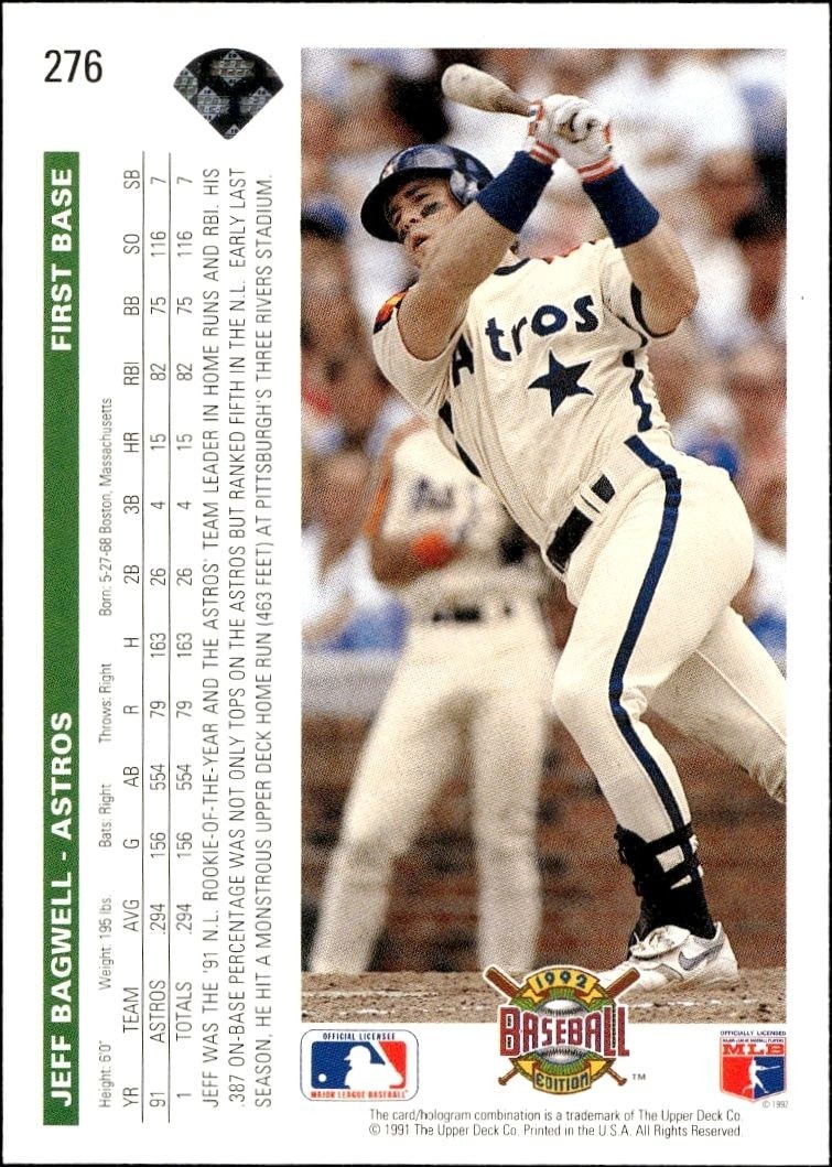 1992 Upper Deck Jeff Bagwell #276 baseball trading card back