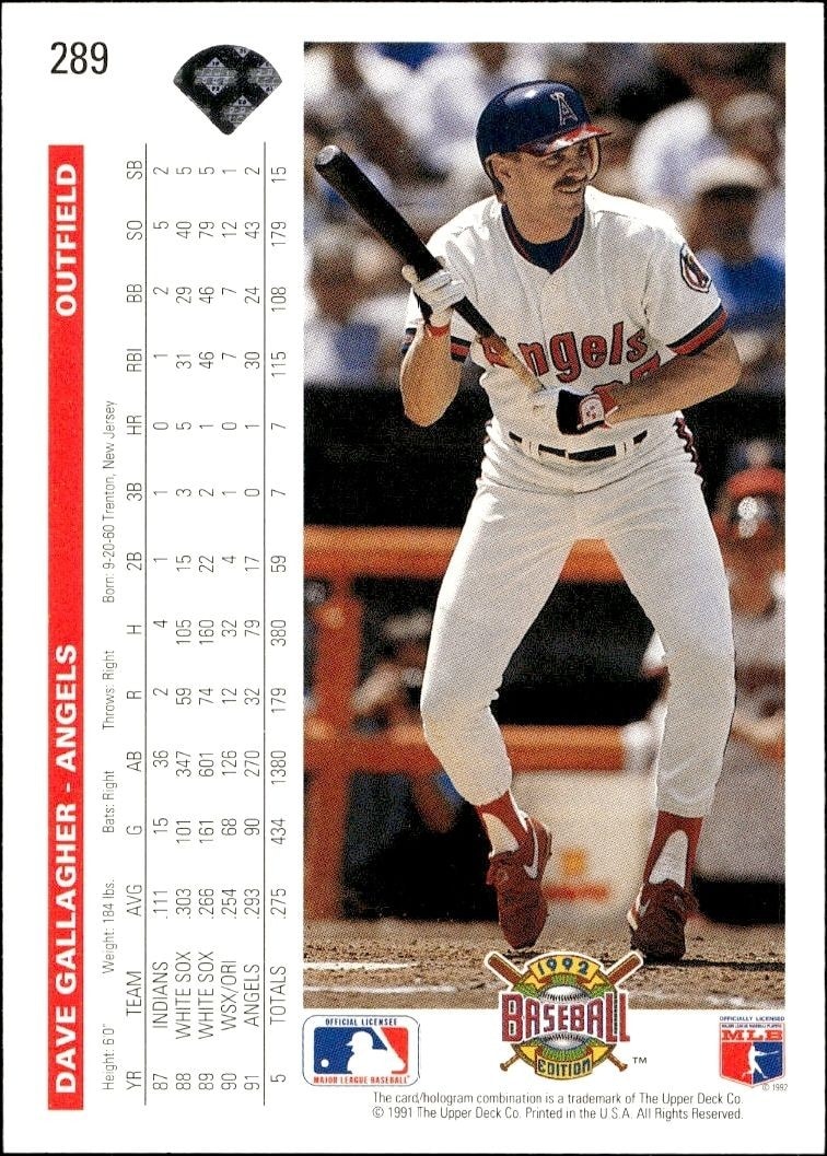 1992 Upper Deck Dave Gallagher #289 baseball trading card back