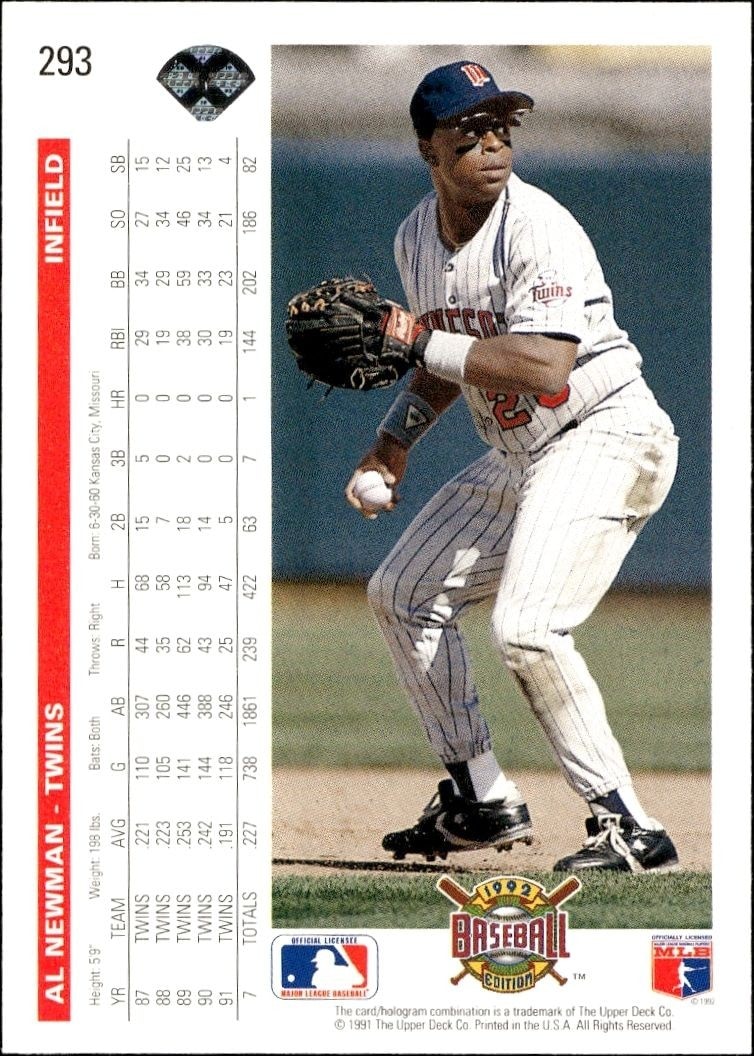 1992 Upper Deck Al Newman #293 baseball trading card back