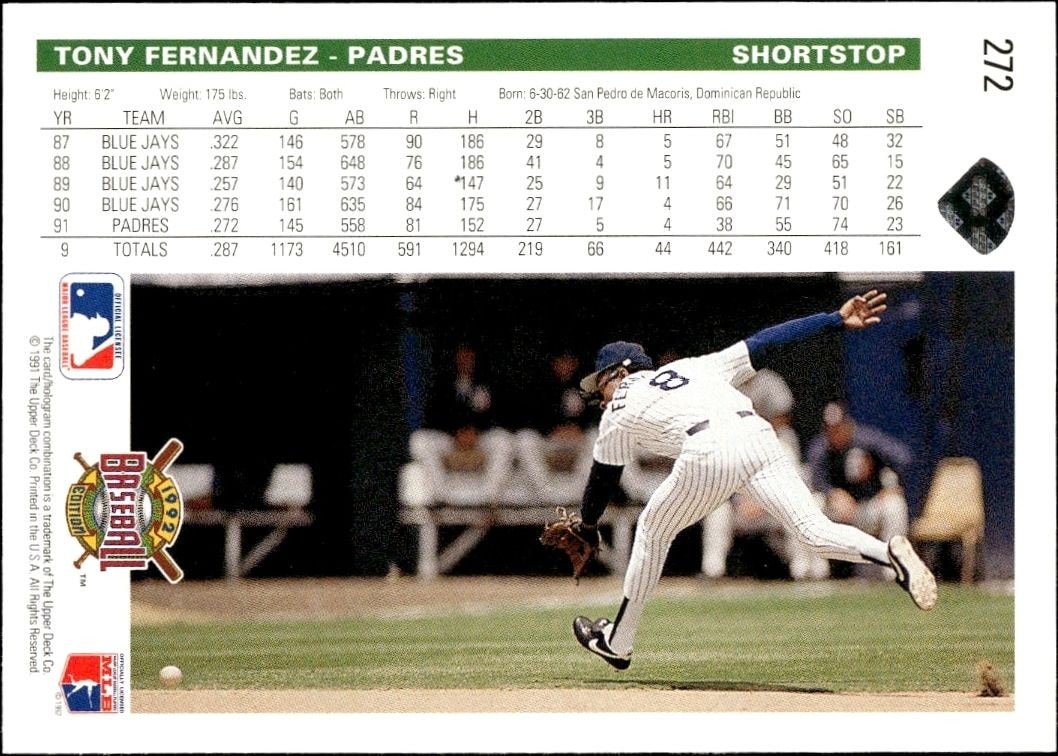 1992 Upper Deck Tony Fernandez #272 baseball trading card back