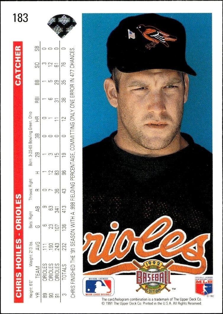 1992 Upper Deck Chris Hoiles #183 baseball trading card back