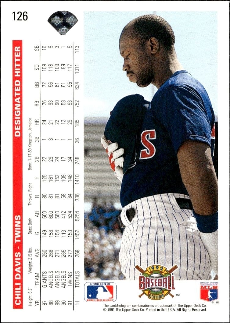 1992 Upper Deck Chili Davis #126 baseball trading card back