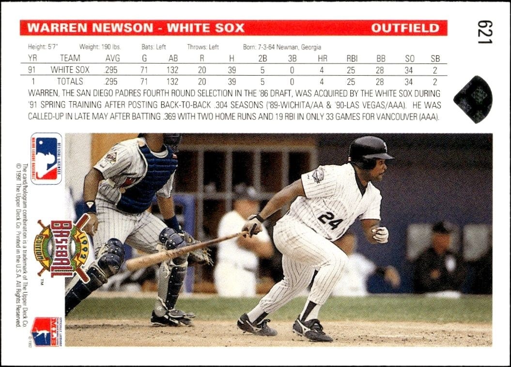 1992 Upper Deck Warren Newson #621 baseball trading card back