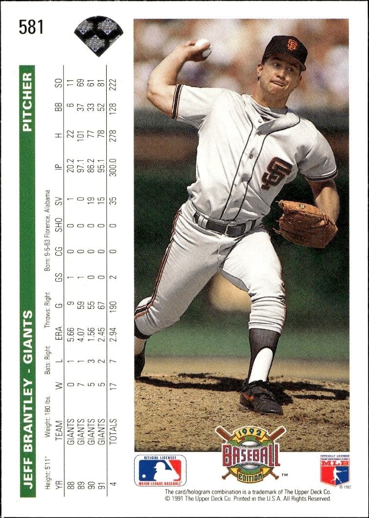 1992 Upper Deck Jeff Brantley #581 baseball trading card back