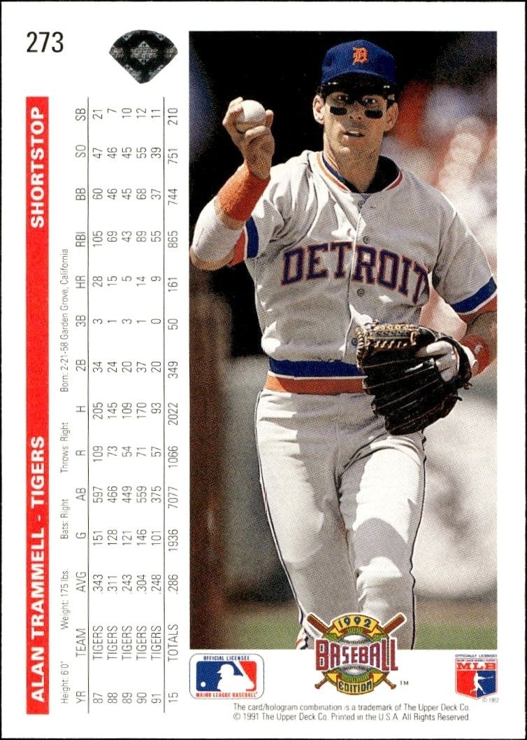 1992 Upper Deck Alan Trammell #273 baseball trading card back