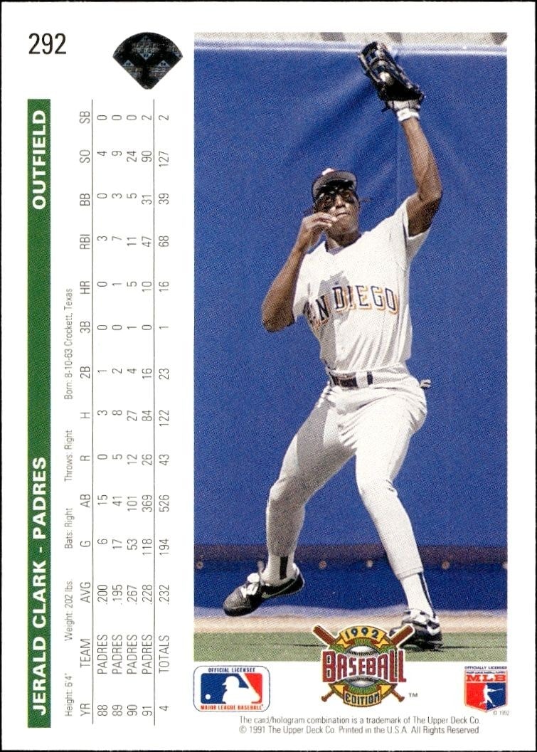 1992 Upper Deck Jerald Clark #292 baseball trading card back