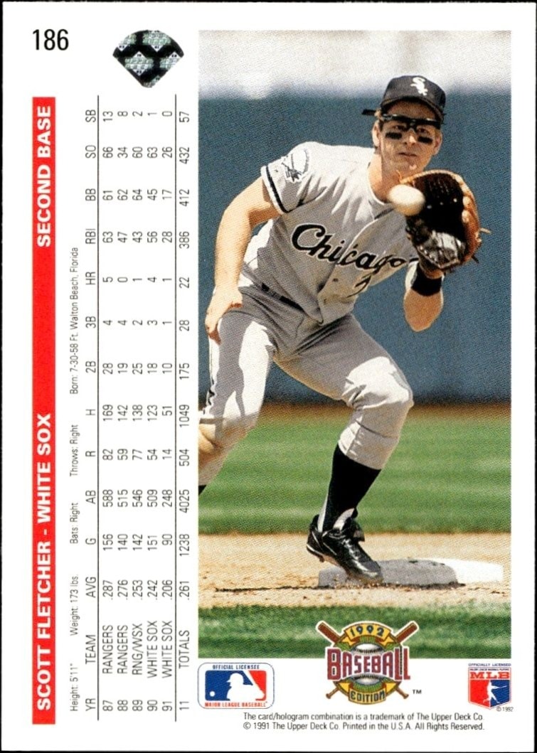 1992 Upper Deck Scott Fletcher #186 baseball trading card back