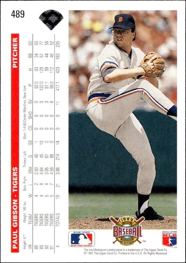 1992 Upper Deck Paul Gibson #489 baseball trading card back