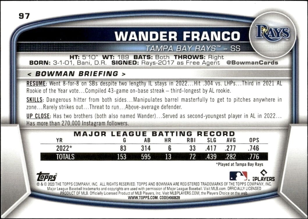 2023 Bowman Wander Franco #97 baseball trading card back